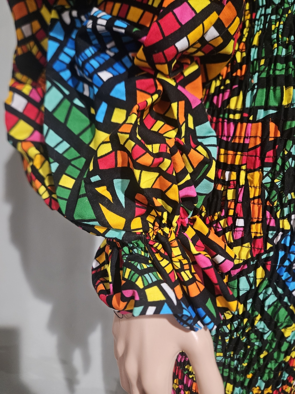 Awelana Tibori NWT Off Shoulder Smocked Mini Dress Colorful Mosaic Print - Picture 16 of 16